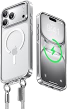 CASEKOO Linkoo for iPhone 17 Pro Max Case with Strap, Patented ClipSafe: Hidden Flip Clip, Shiny Mobile Phone Case for iPhone 17 Pro Max, Compatible with MagSafe, Transparent Back, Silver