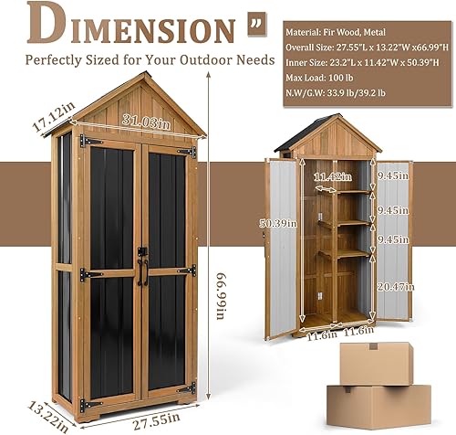 Miniatura 2 de Armario de almacenamiento para exteriores impermeable, cobertizo de almacenamiento al aire libre con estantes, madera y metal para patio, jardín,