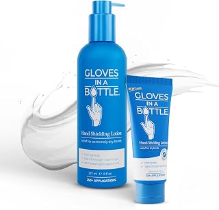 Gloves In A Bottle Water Resistant Hand Lotion – Best Hand Cream for Dry, Cracked Hands, Eczema & Psoriasis Relief – Silicone Glove Hand Cream for Healthcare Workers (Original 3.4 Oz + 8 Oz Pump)