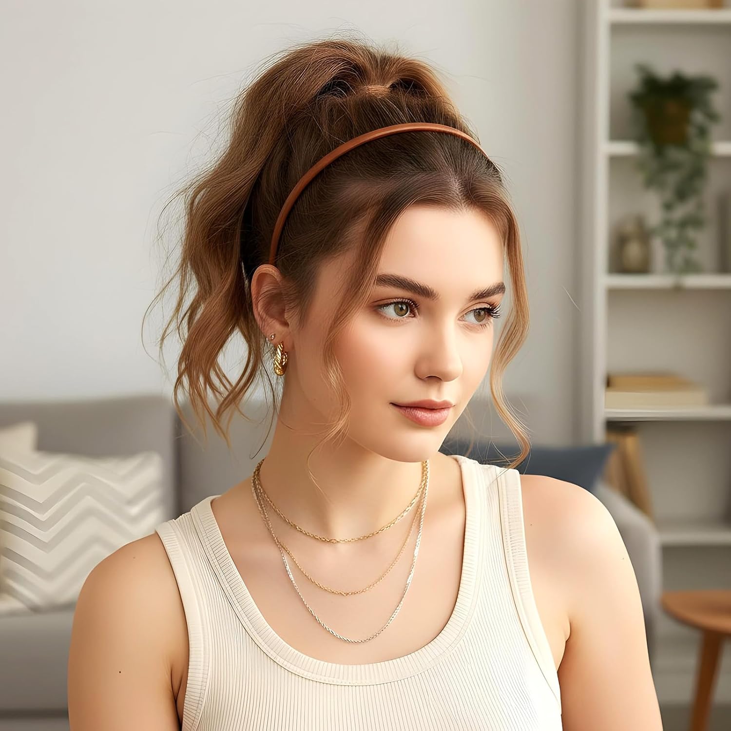 5Pcs Thin Leather Headbands for Women, Cute Solid Simple Leather Party Headband Skinny Comfortable Non-Slip Hair Accessories for Women Girls (Beige/Brown/Black/White/Tan) - Image 4