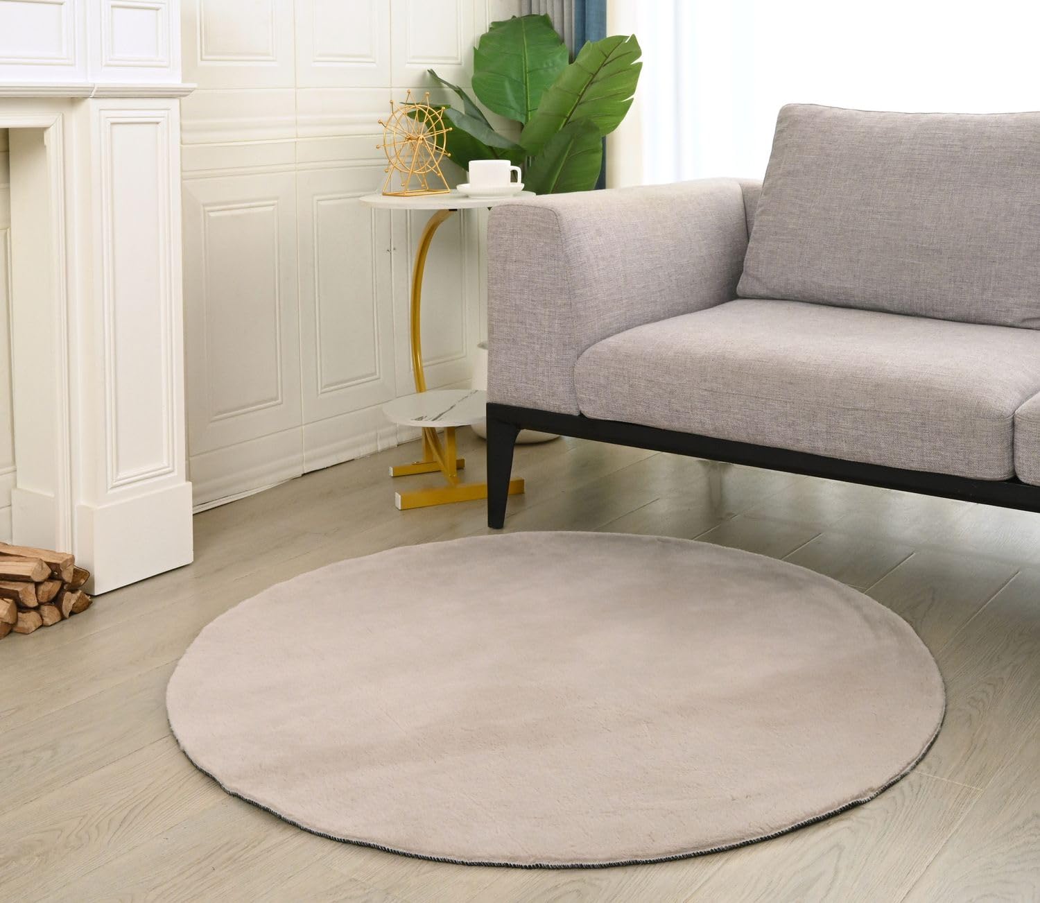 VIMODA Teppich Wohnzimmer Schlafzimmer, Kurzflor, flauschig weich, rutschfest/Anti-Rutsch, waschbar bis 30°C, Felloptik, für Fußbodenheizung geeignet,Farbe:Beige;Maße:Ø 80 cm Rund