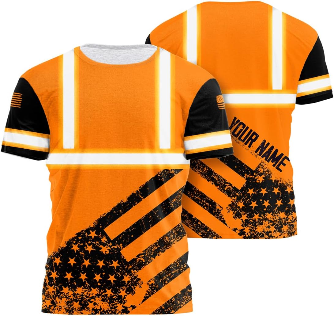 US Flag with Neon Color High Visibility Shirt for Men Women Custom Name Reflective Safety Shirts for Workers