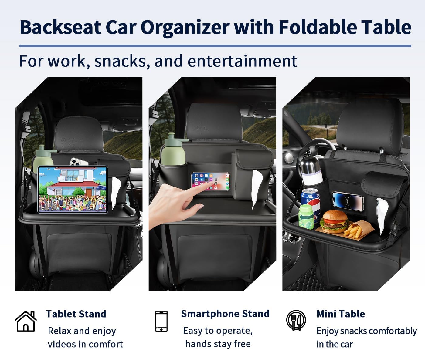 Backseat Car Organizer with Foldable Table Tray, Multifunctional Leather Car Back Seat Storage Organizer with Cup Phone Tissue Holder (Black)