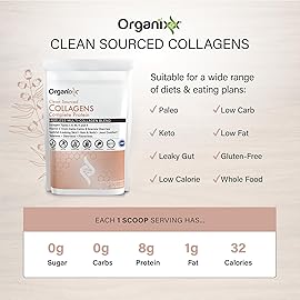 Organixx Collagen Peptides Powder with Vitamin C, Types I, II, III, V, X Hydrolyzed Collagen, Hair, Nail, Skin, Bone & Joint Health, Aging Support, Clean Sourced, Gluten Free, Unflavored, 30 Servings