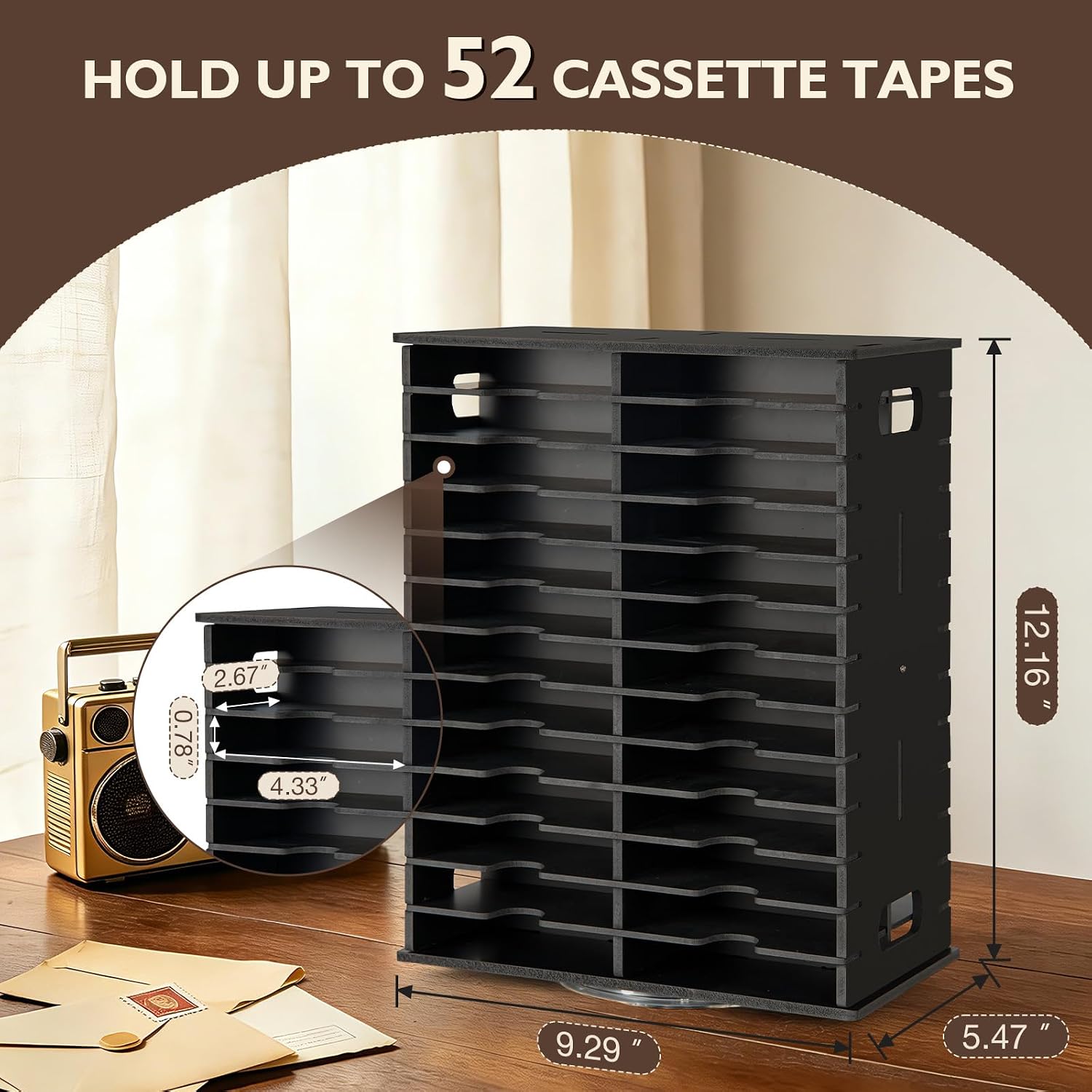 Rotating Cassette Tape Storage Holder, 52 Slot Cassettes Organizer Rack, Audio Cassette Tape Display Shelf, Ideal Gift for Cassettes Collectors, Black