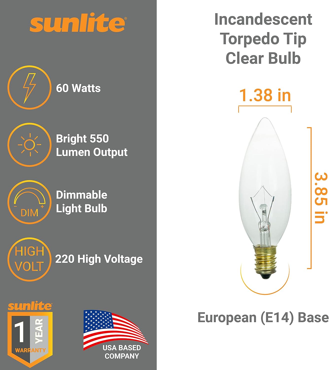 Sunlite 41766 Incandescent Torpedo Tip Clear Chandelier Light Bulb, 60 Watts, 550 Lumens, European Base (E14), 220 High Voltage, Dimmable, for Chandeliers, Lamps, Fixtures, 25 Count