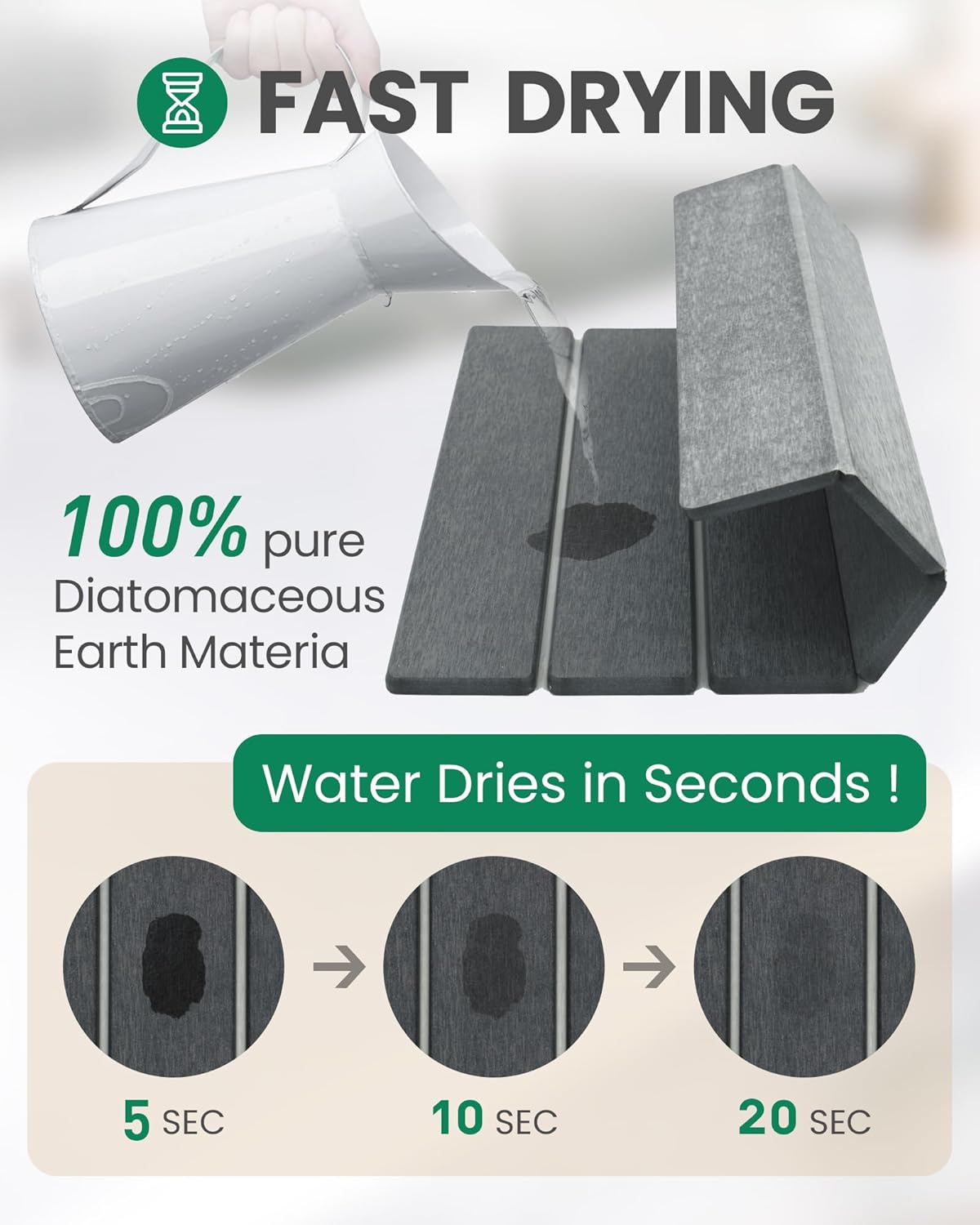 wbahatii stone dish drying mats for kitchen counter, 16"×12" heat-resistant quick dry collapsible super absorbent diatomaceous earth pad for dishes bottles cups, fits any countertop, gray gray 16" x 12"