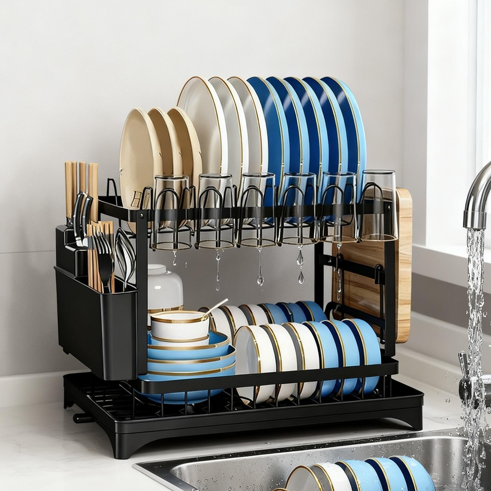 Abtropfgestell, rostbeständig, mit Abtropfschale, Geschirrtrockner für die Küche, für Tasse, Besteck, , Teller, Organizer, Spüle, Arbeitsplatte für Zuhause, Apartment, Speisekammer