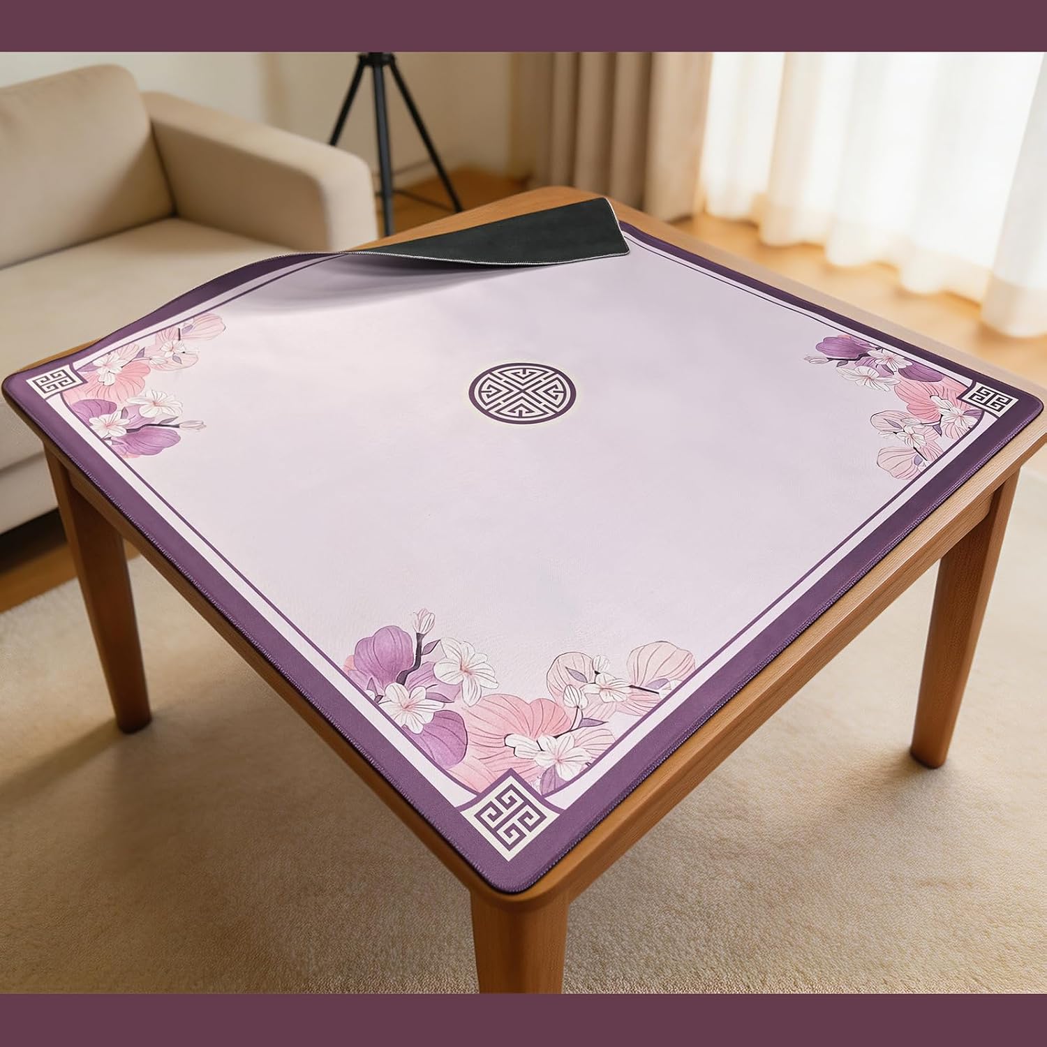 Mahjong Mat for Table, 31.5 x 31.5 Inch | Pink&Purple Flower, Portable Packaging Bag, Non-Slip, Noise Reduce, Water-Absorbent, For Card Games/Dominoes/Board Games