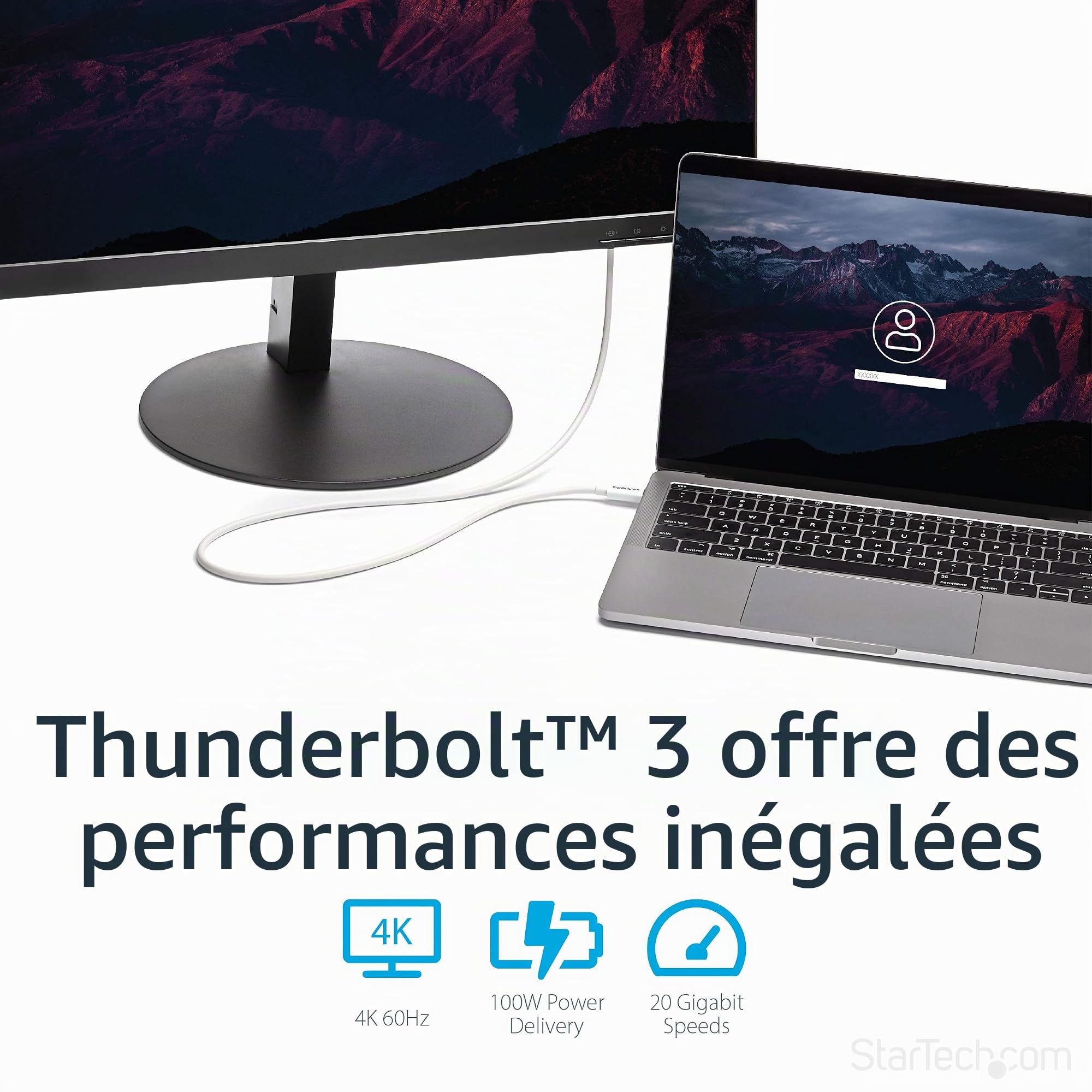StarTech Câble Thunderbolt 3 Passif 2m 20Gbps 100W PD 4K USB-C Blanc