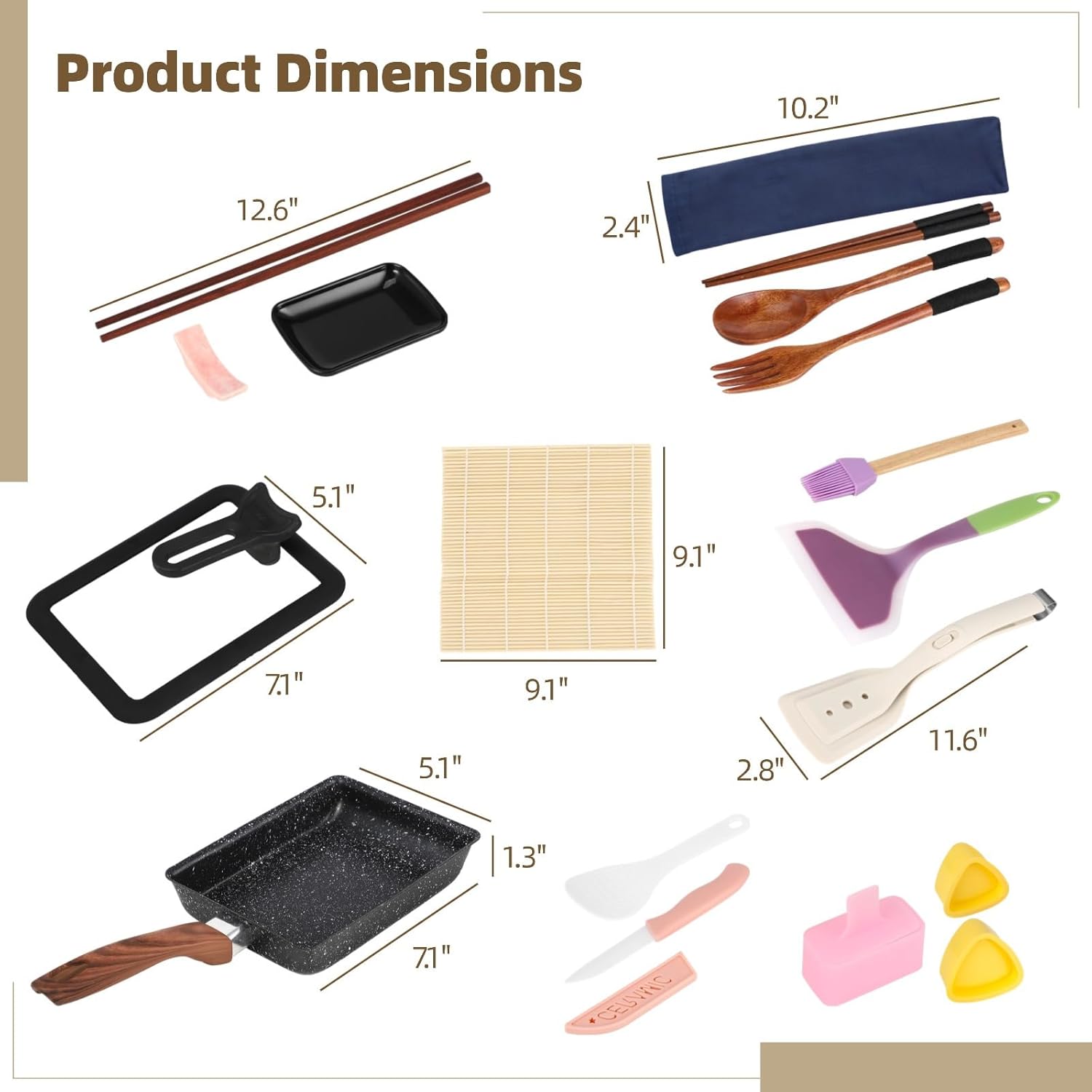 Tamagoyaki Pan Kits with Lid, Omelette Cast Pan Kit, Tamagoyaki Pans Cast Iron Maker with Lid, Nonstick Skillet with Wooden Handle, Includes Spatula, Mat, Knife, Sushi Accessories, Cooking Brush
