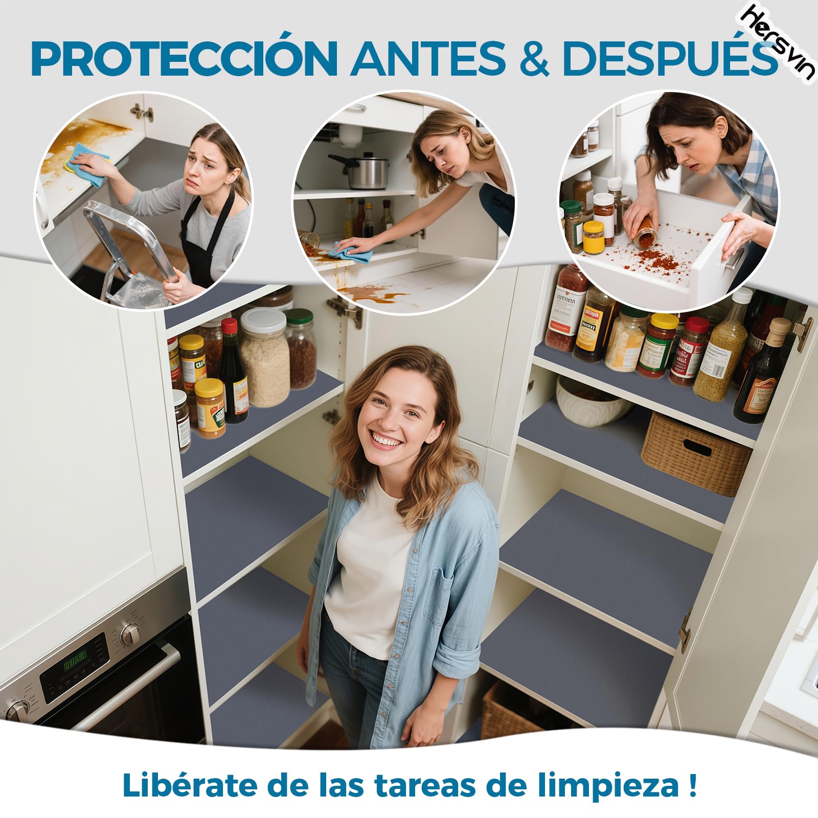 Hersvin 45cmx500cm Plastico Protector para Cocina Cajones, Alfombras Non Adhesivo para Nevera Mueble Fregadero Estante Organizador Cubiertos EVA Cubre Encimera(Gris Oscuro/Punto) — view 3