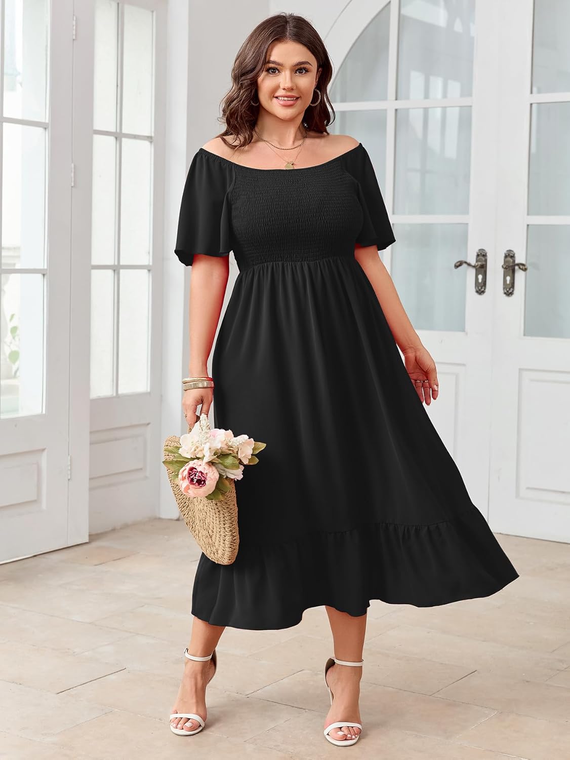 SCOMCHIC Women's Plus Size Summer Dress Casual Short Sleeve Scoop Neck Maxi Dress Smocked Ruffle Boho Flowy Long Dresses - Image 2