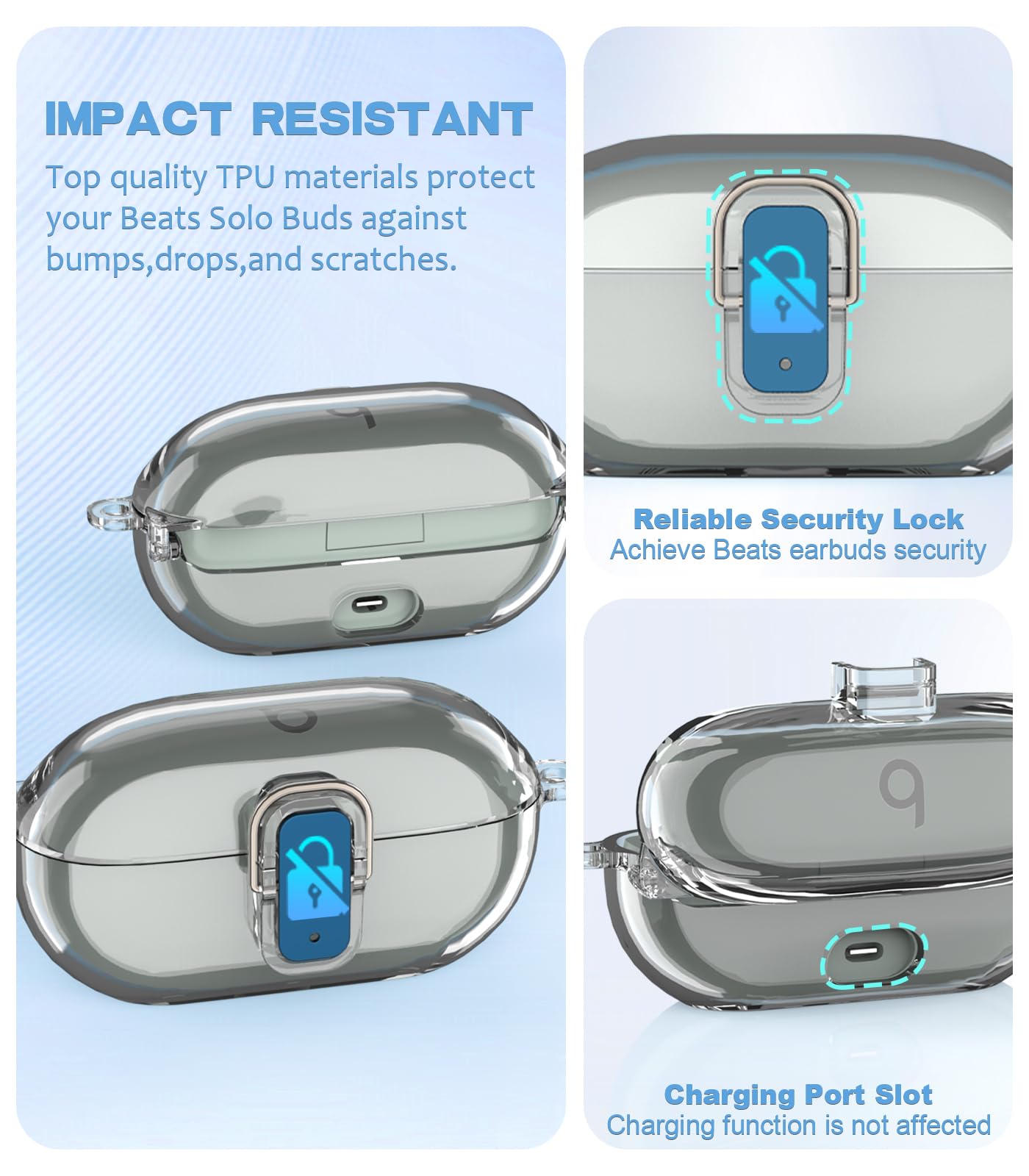[Upgrade Secure Lock] for Beats Solo Buds 2024 Case Cover with Cleaner Kit, AGENTNANO Clear TPU Shockproof Protective Cover Compatible with Beats Solo Buds Charging Case with Carabiner-Clear