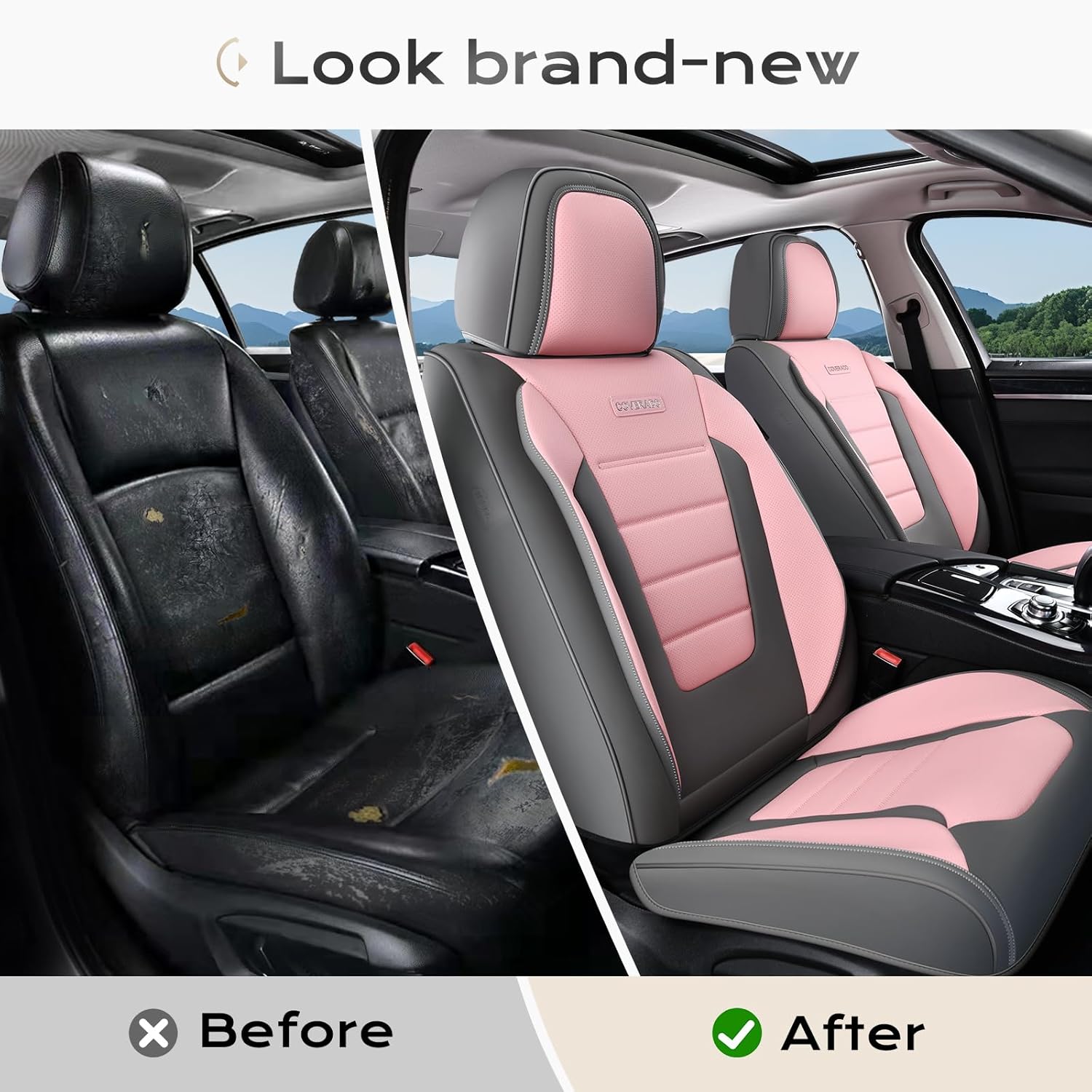 Coverado Car Seat Covers Front, Seat Covers for Cars, Waterproof 2-Pack Car Seat Cushions, Leather Carseat Seat Protectors, Universal Seat Covers Fit for Most Sedans SUV Pick-up Trucks(Gray&Pink)