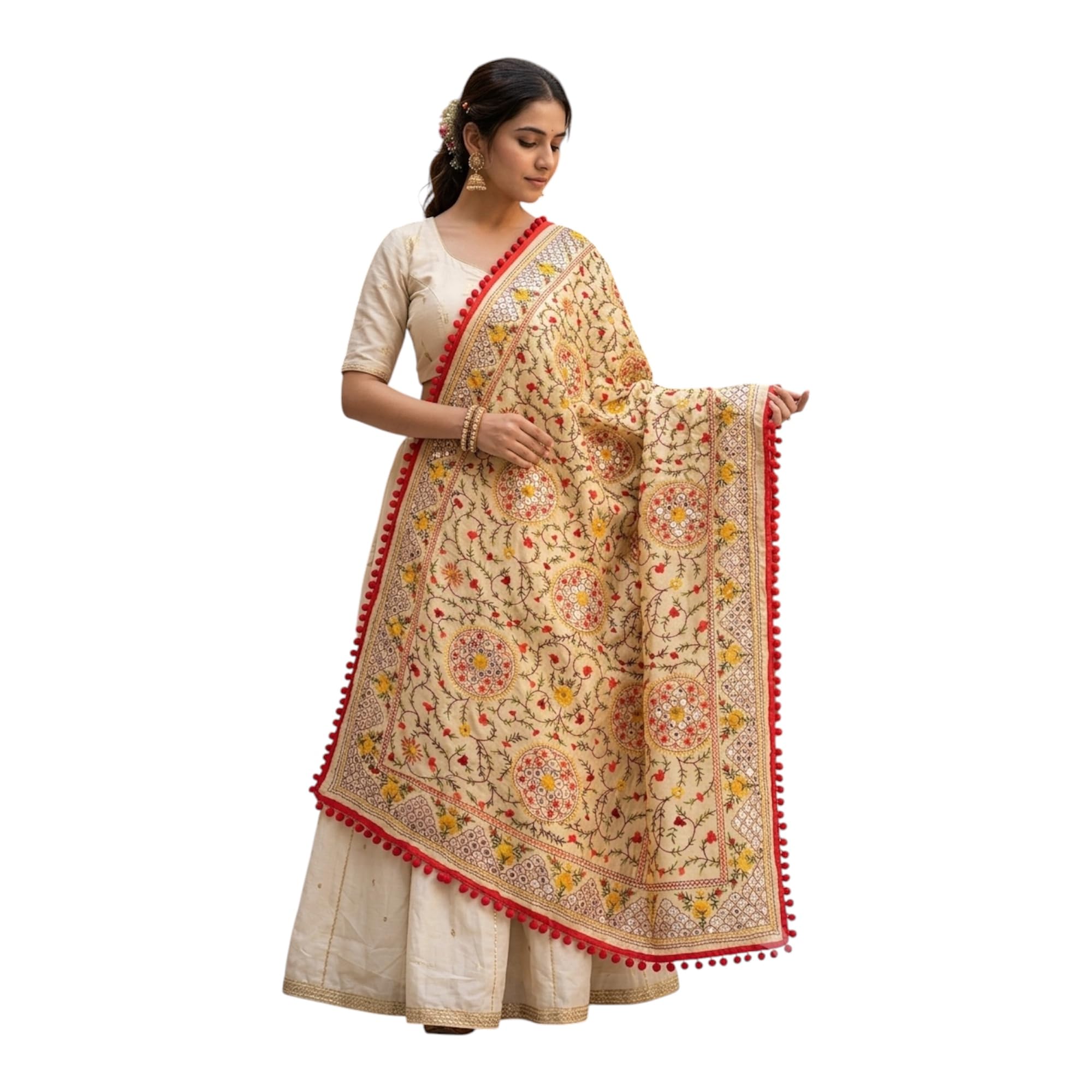 Handmade Cream Cotton Dupatta with Kantha Embroidery, Floral Mirror Work, Red Pom Pom Border, Ethnic Stole for Weddings, Festive Occasions-picture-19
