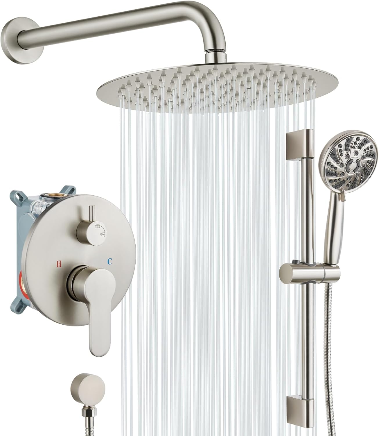 gotonovo Slide Bar Shower System Round High Pressure Showerhead and 6-Spray Handheld Combo Shower Faucets Sets Complete Wall Mount Shower Valve and Trim Kit, 12 Inch, Brushed Nickel