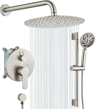 gotonovo Slide Bar Shower System Faucet Set Complete,Brushed Nickel,12 Inch | Rain Round Shower Head with 6-Modes Handheld Spray,Valve and Trim Kit Included,Bathroom Wall Mount,All Metal,2-In-1 Diverter
