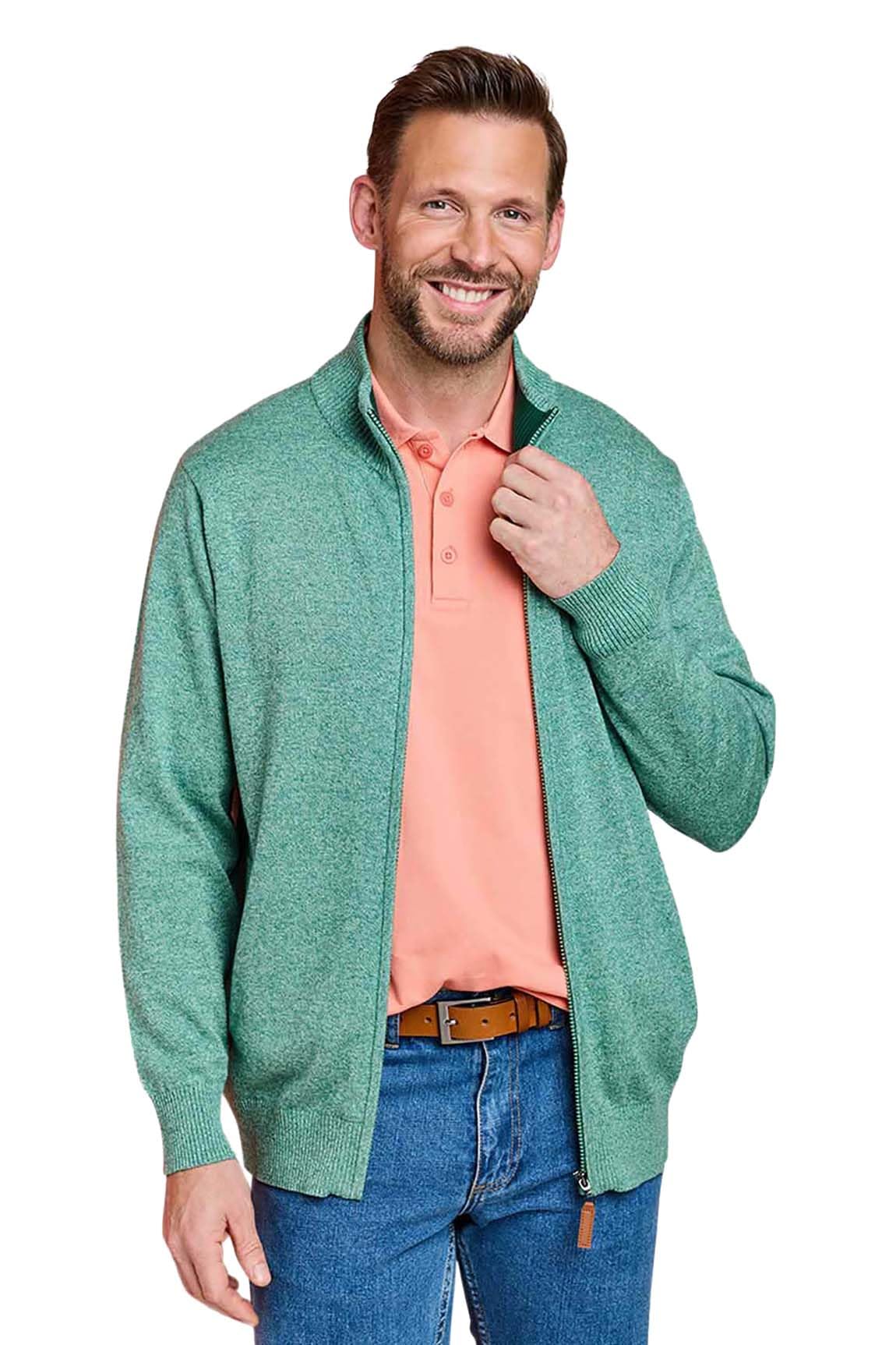 Pegasus Men's Sage Luxury Yarn Zip Cardigan, Smart Casual Cotton Knit Jacket With Pockets & Contrast Inner Collar L