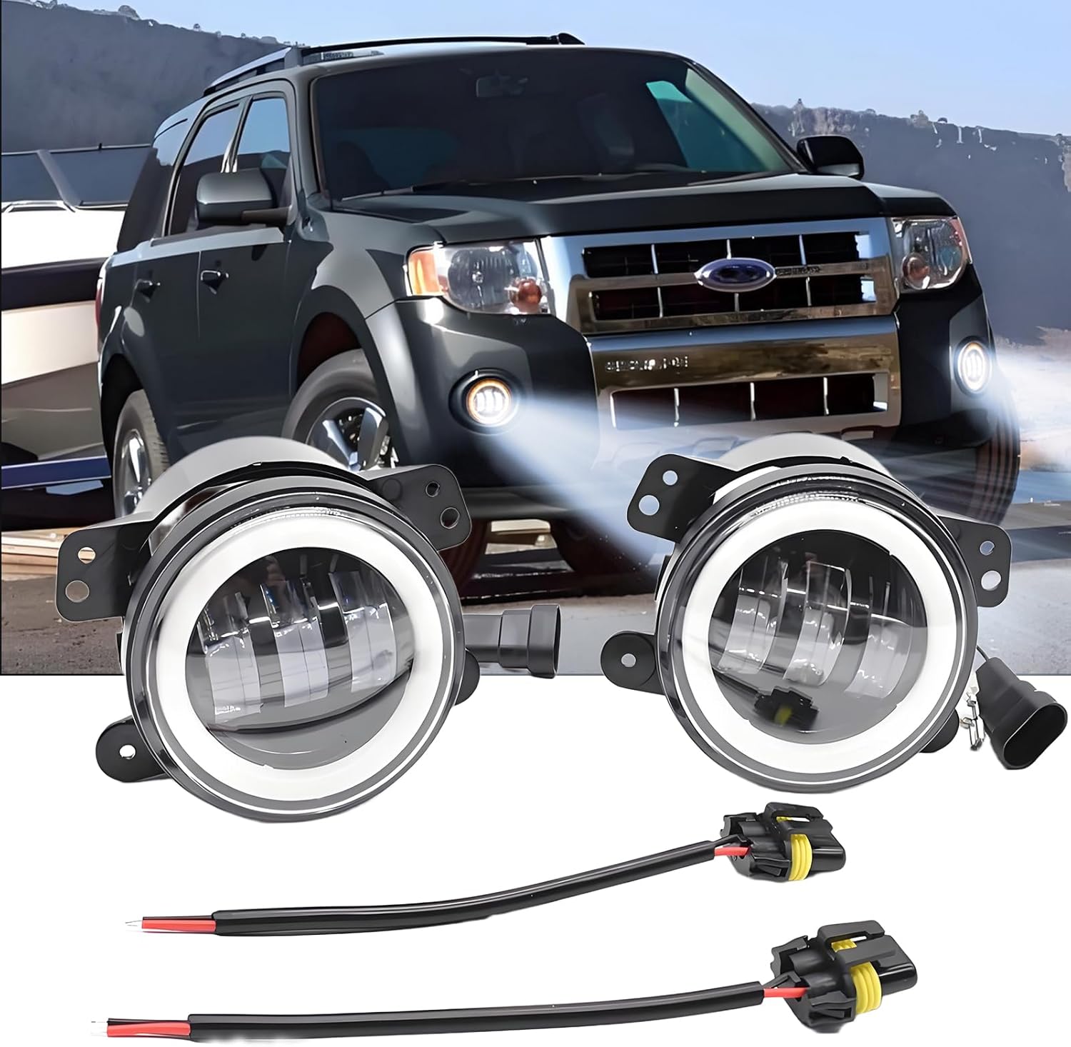 1 Pair 4" Inch LED Fog Lights Front Bumper Driving Lamps Fit For 2011-2015 Ford Escape, 3000K Amber/6000K White Halo Ring,Yellow Wire: Amber Turn Light,Wire: White DRL