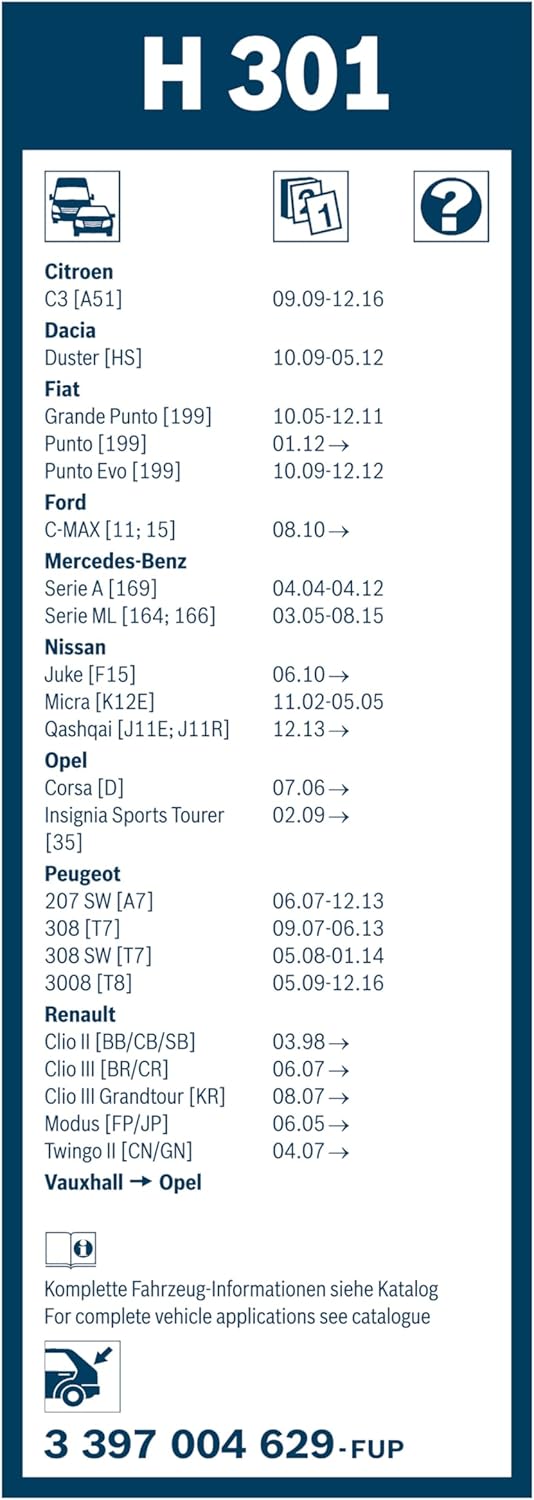 Bosch H301 Rear Wiper Blade compatibility list