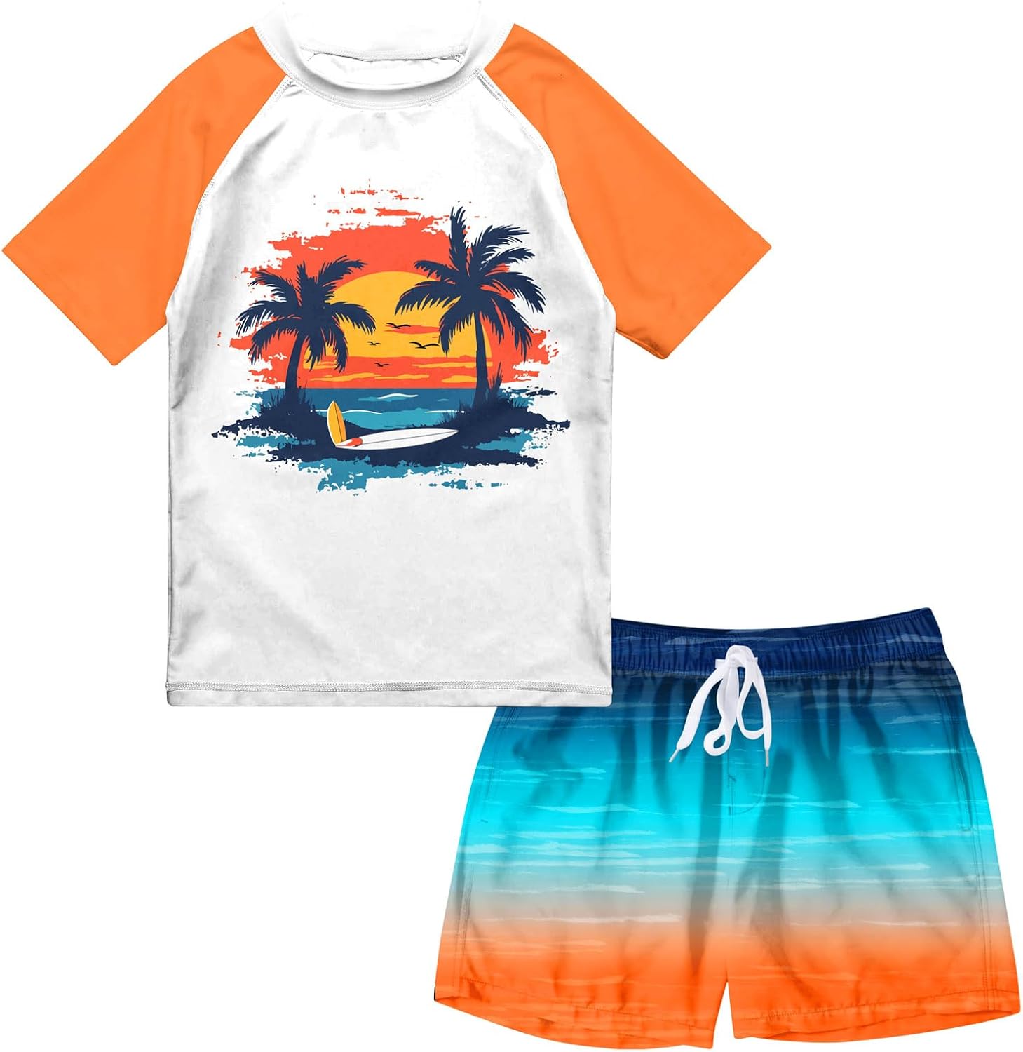 Boys Two Piece Rash Guard Swimsuits Sets Bathing Suits with Trunks 4-12 Years