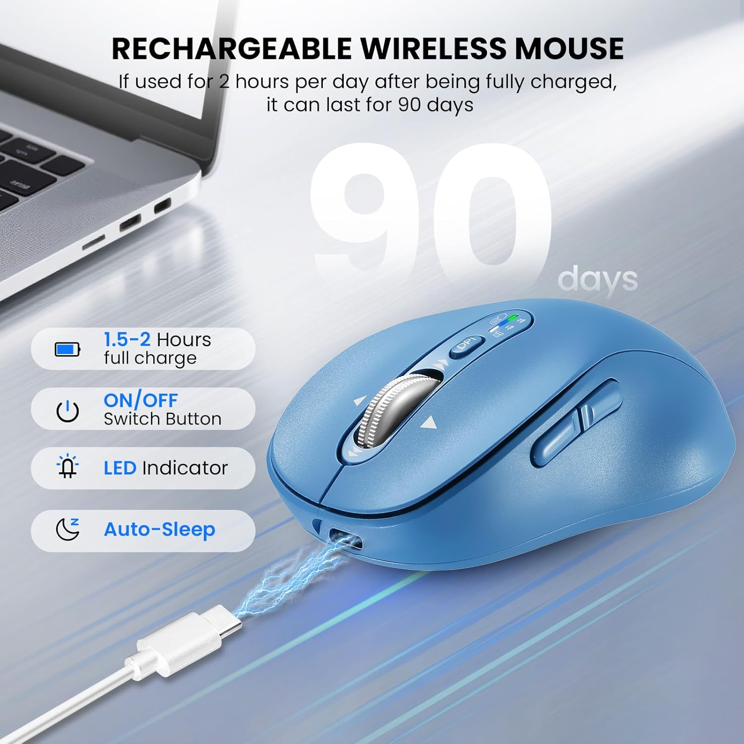 Wireless Bluetooth Mouse Rechargeable,USB+BT×2,Multi Device Quiet Ergo Computer Mouses,Metal 4-Way Super Scrolling,± 3200 DPI,10 Button,Plug&Play,Cordless Mice for Laptop,Tablet,Mac,iPad,PC,Phone-Blue