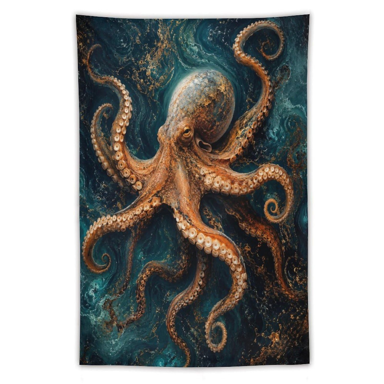 H3B8U2Y5 Textured Ocean Octopus Wall Tapestry, Detailed Illustration