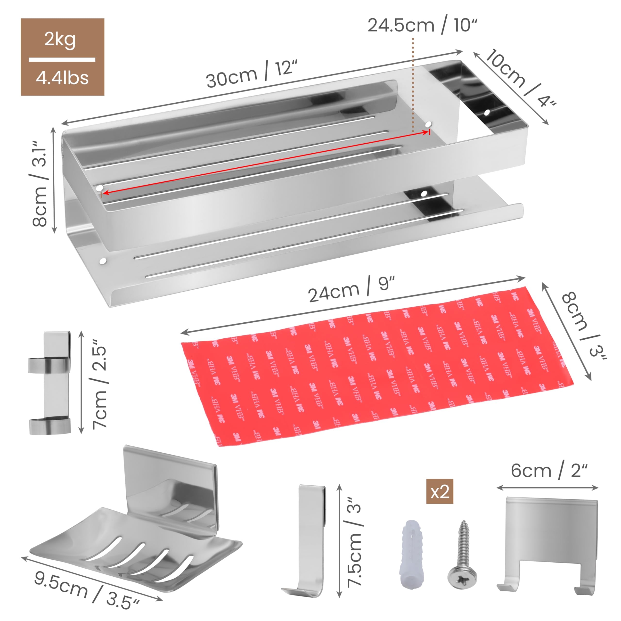 BELLE VOUS Mensola Doccia - Mensola Porta Bagnoschiuma da Bagno - Installazione Senza Foratura - Adesiva in Acciaio Inox - Organizer per Oggetti e Accessori - Soluzione 5-in1