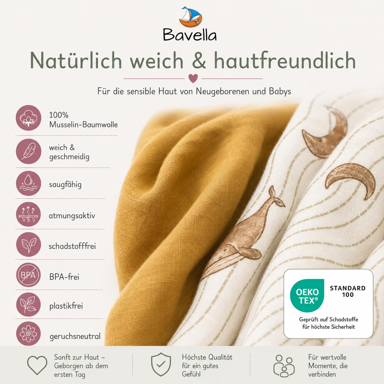 Set di 2 coperte e panno XXL in mussola (certificato Öko-Tex), 100% cotone (120 x 120 cm) – panni per sputare, panno in mussola per ragazzi e ragazze, pannolini di garza sostenibili