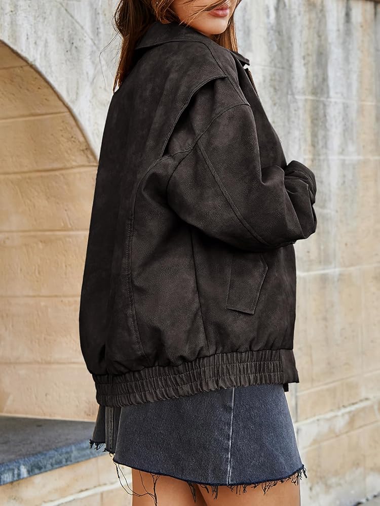 Tankaneo Womens Oversized Leather Jackets Trendy Zip up