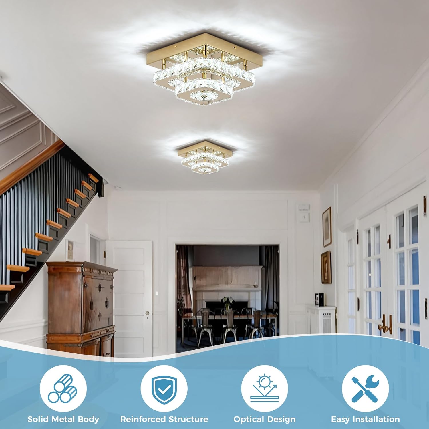 Small Square Crystal Chandelier Flush Mount Ceiling Light, 9.8” Surface Mount LED Fixture with Built-in Light, Gold Modern Ceiling Light for Bedroom, Hallway, Living Room 6000K