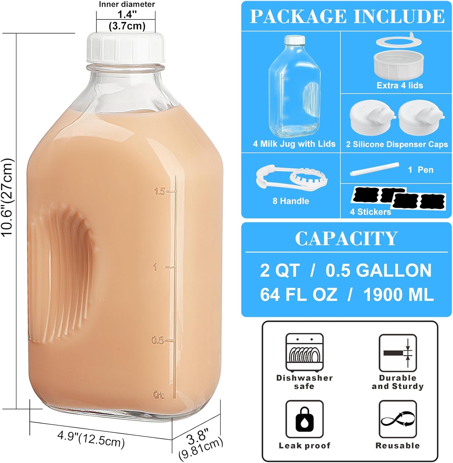 Syntic 4 Pack 2 Qt Glass Milk Bottles with Handle and Airtight Reusable Screw Lids, 1/2 Gal Glass Water & Juice Bottles with 2 Pour Spouts, 64 Oz Milk Jug Pitcher w Scale