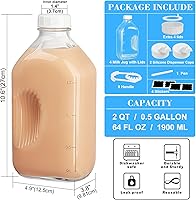 Vista 3 de Syntic 4 Pack 2 Qt Glass Milk Bottles with Handle and Airtight Reusable Screw Lids, 1/2 Gal Glass Water & Juice Bottles with 2 Pour Spouts, 64 Oz