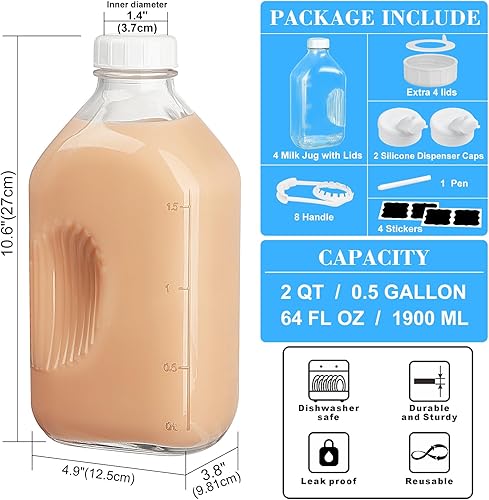 Miniatura 3 de Syntic - Botella de leche de vidrio resistente de 2 cuartos con tapa hermética reutilizable fuerte y hermética, botellas de vidrio de 64 onzas con 8