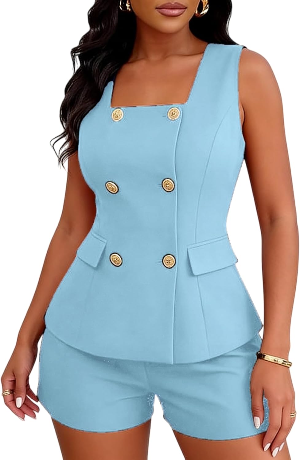 Women's Summer 2 Piece 2026 Dressy Square Neck Double Breasted Vest Short Sets Casual Vacation Outfits