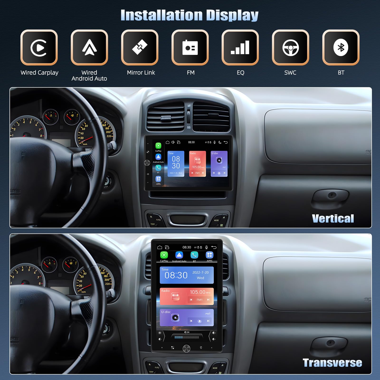 CAMECHO Autoradio 1 Din A-pple Carplay Android Auto con Telecamera Posteriore, 10.4 Pollici Schermo Girevole 2.5D 800 * 1280 Touchscreen Radio con FM Bluetooth EQ Specchio Link + Volante di Controllo