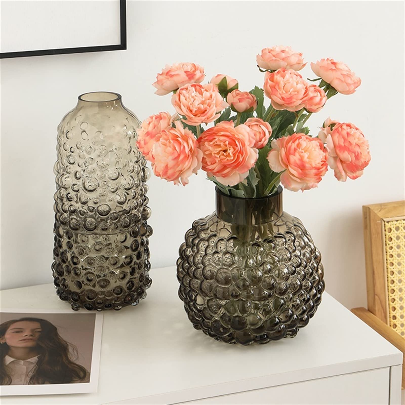 Florero Jarrón de Cristal con Burbujas Gran Barriga, decoración Creativa, arreglo Flor habitación, Red hidropónica, luz roja Lujo, Estilo Ins Creativo(Grande)