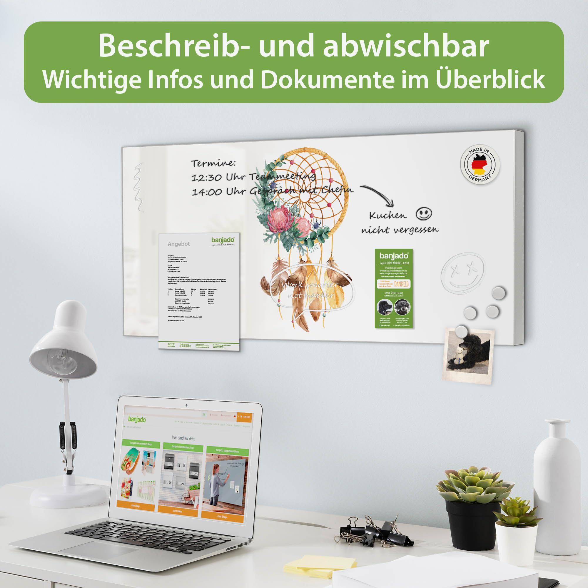 banjado Magnettafel Metall 78 x 37cm - beschreibbare Magnettafel - Metall Pinnwand als Memoboard - Magnetwand Küche, Büro, Kinderzimmer Grau inkl. 4 Magnete & Montageset - Motiv Traumfänger Federn u