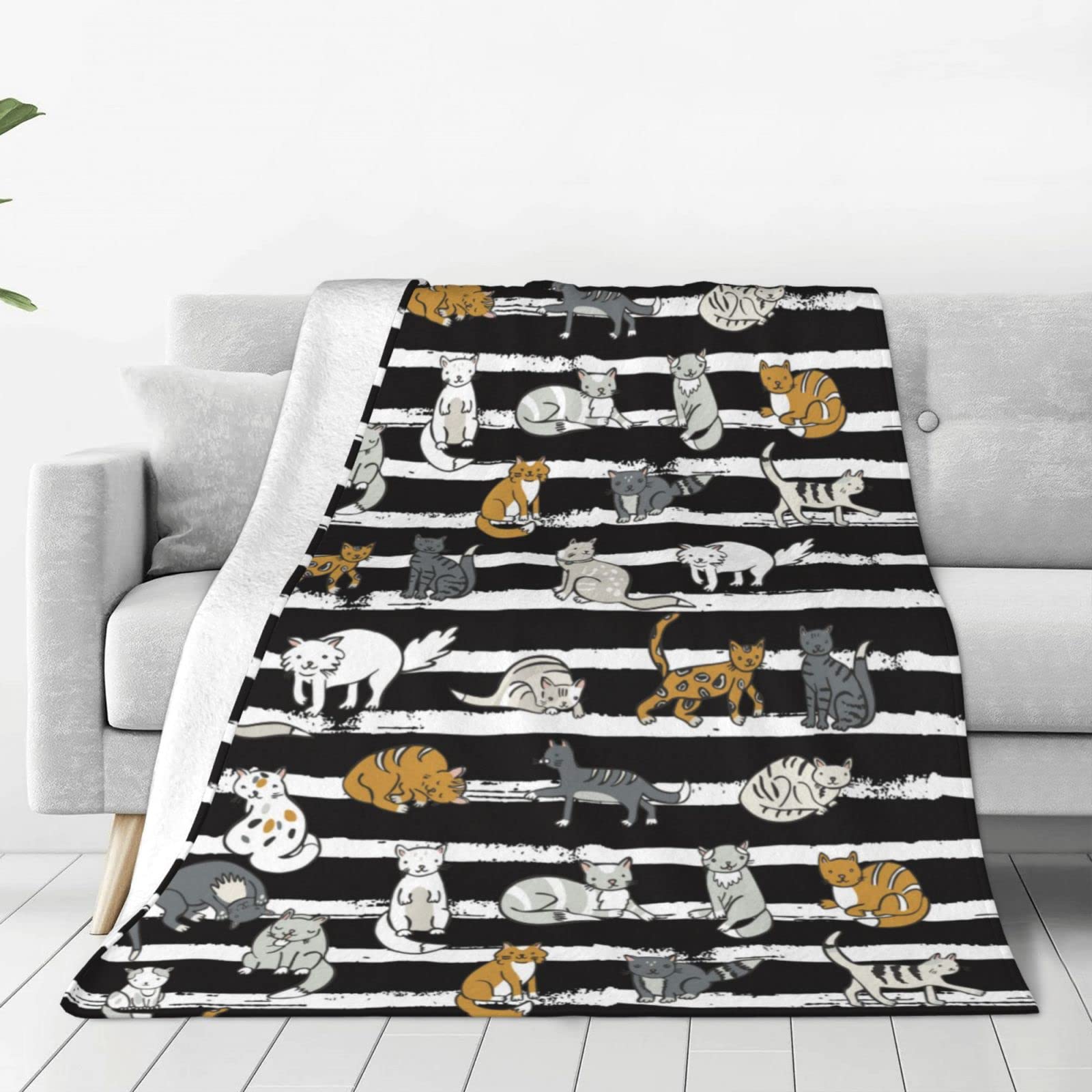 Coperta in pile con motivo gatto e animali domestici, per letto, divano, divertente, a righe nere, leggera, morbida e accogliente, 127 x 101,6 cm