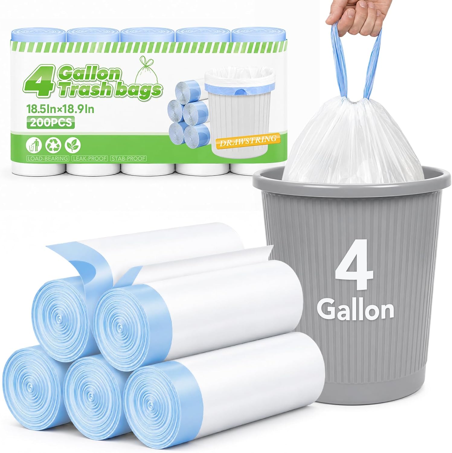Delxo 4 Gallon Drawstring Trash Bags Small Garbage Bags White 200 Counts