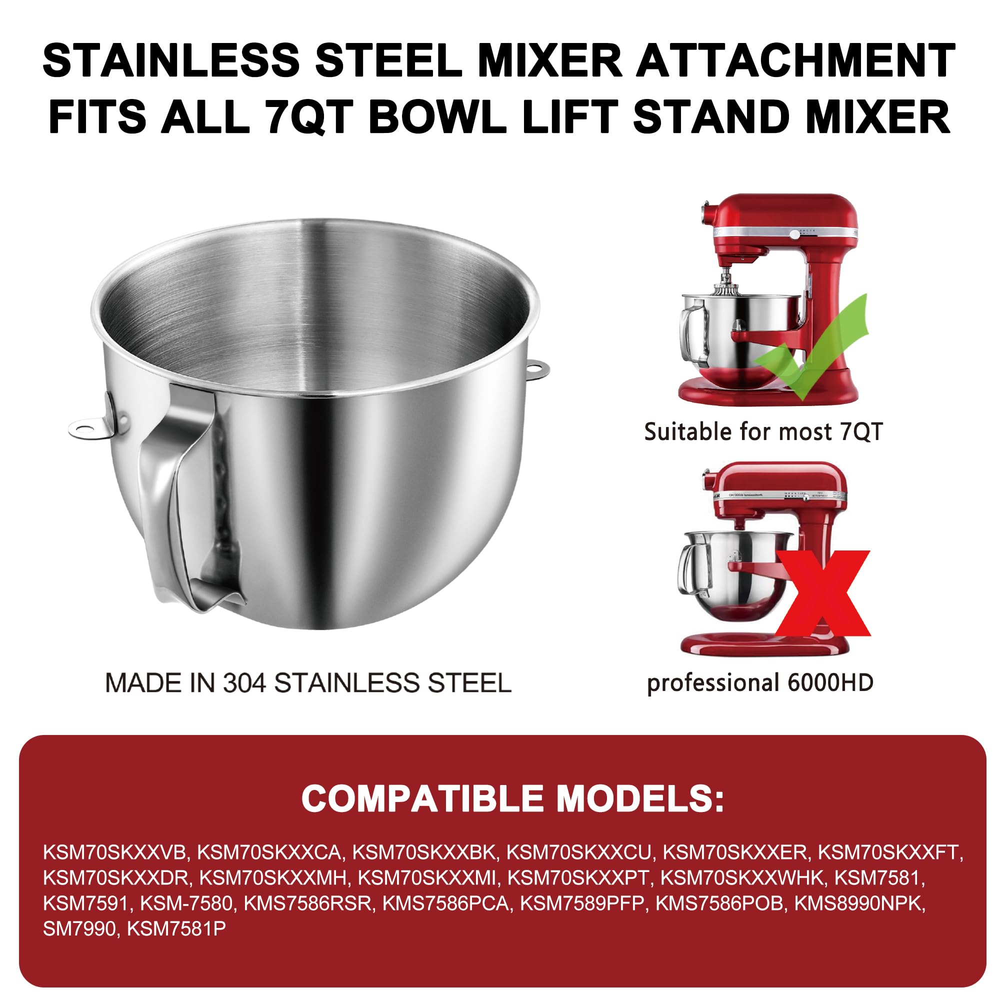 Cuenco mezclador de acero inoxidable de 7 cuartos para batidoras KitchenAid, cuenco de repuesto fuerte y duradero para KitchenAid con asa, apto para lavavajillas