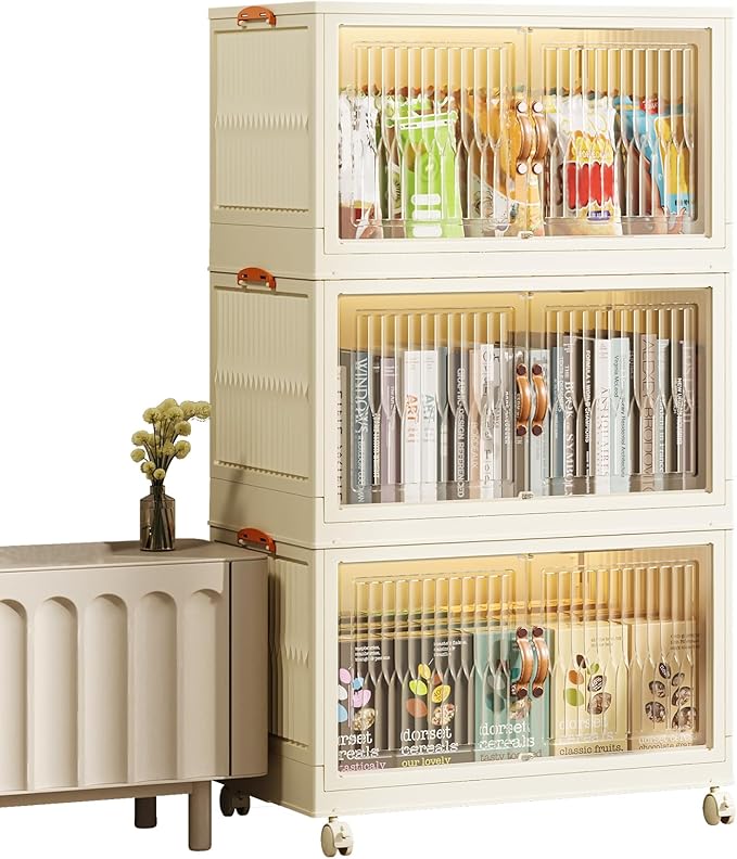 pupustar Storage Bins with Lids and Doors, Plastic Stackable Storage Bins Open