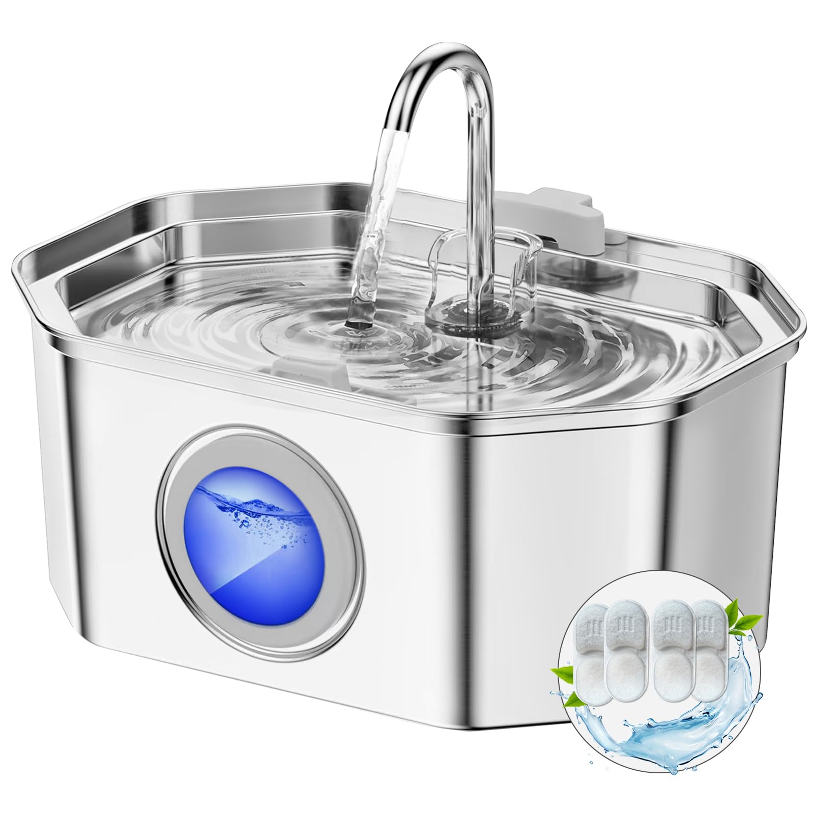 Cat Water Fountain Stainless Steel 108oz/3.2L, APAUK Automatic Pet Fountain Dog Water Dispenser with Water Level Window, Quiet Cat Fountain for