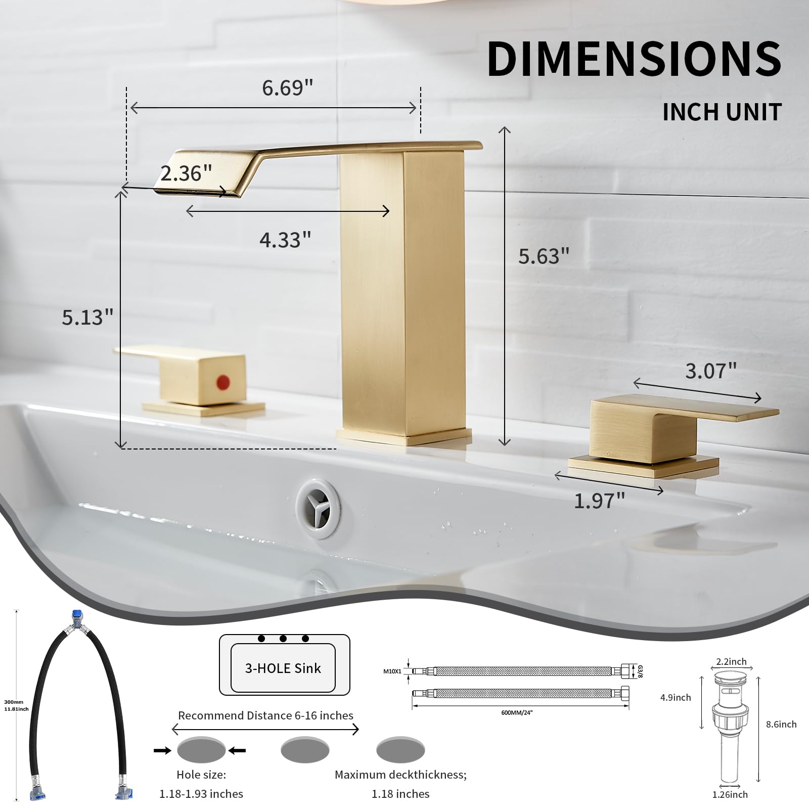 Rubinetto per bagno a 2 maniglie, 3 fori, cascata, oro spazzolato, rubinetti per bagno a fori larghi da 8-16 pollici, rubinetto per lavabo in ottone, mobiletto lavabo con piletta a scomparsa, 2 tubi