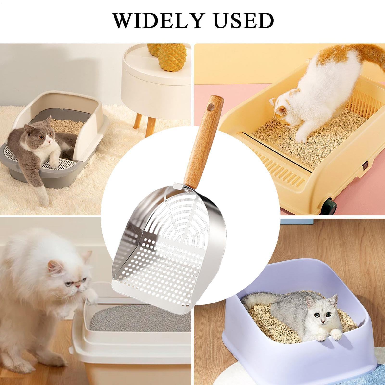 Paletta per lettiera, Accessorio ergonomico for Animali Domestici in Acciaio Inossidabile con Manico Lungo for casa, Viaggi e Interni(Stainless Steel Round Hole Style)