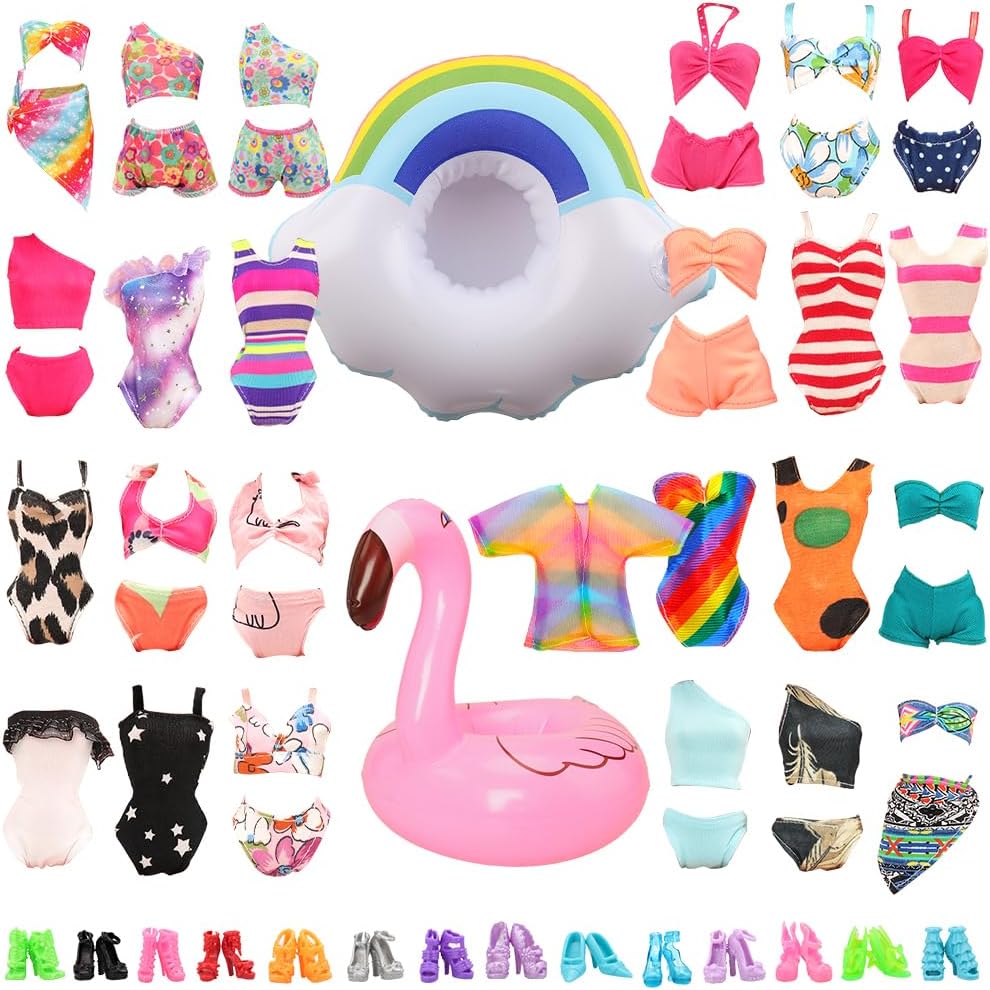 BARWA 12 Items 5 Psc Swimsuits Bathing Clothes Bikini One Piece with 2 Pool Floaties with 5 Shoes for 11.5 inch Doll