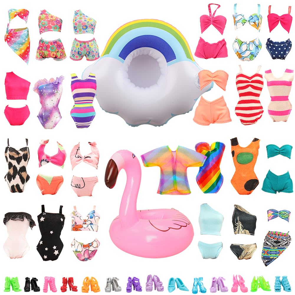 BARWA 12 Items 5 Psc Swimsuits Bathing Clothes Bikini One Piece with 2 Pool Floaties with 5 Shoes for 11.5 inch Doll