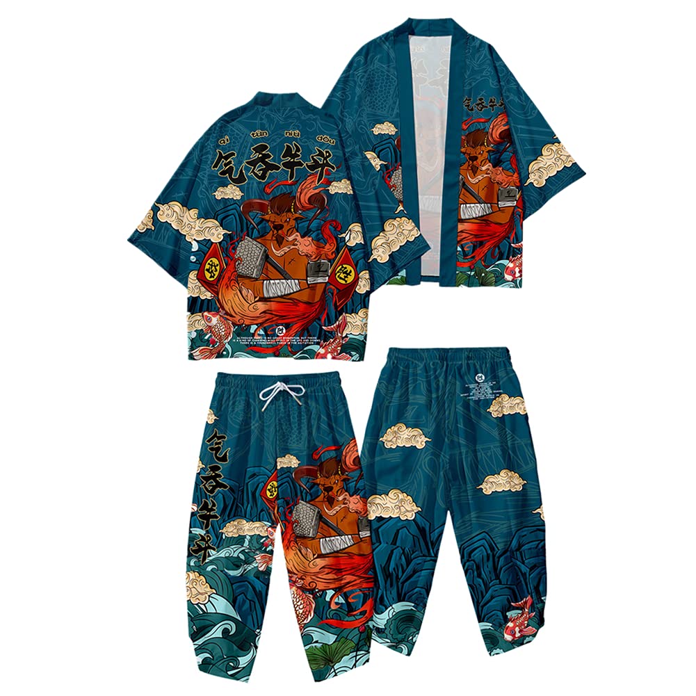 Japanese Kimono Cardigan Casual Open Front Coat and Pant Beach Suit Plus Size Haori Lucky Gift for Men