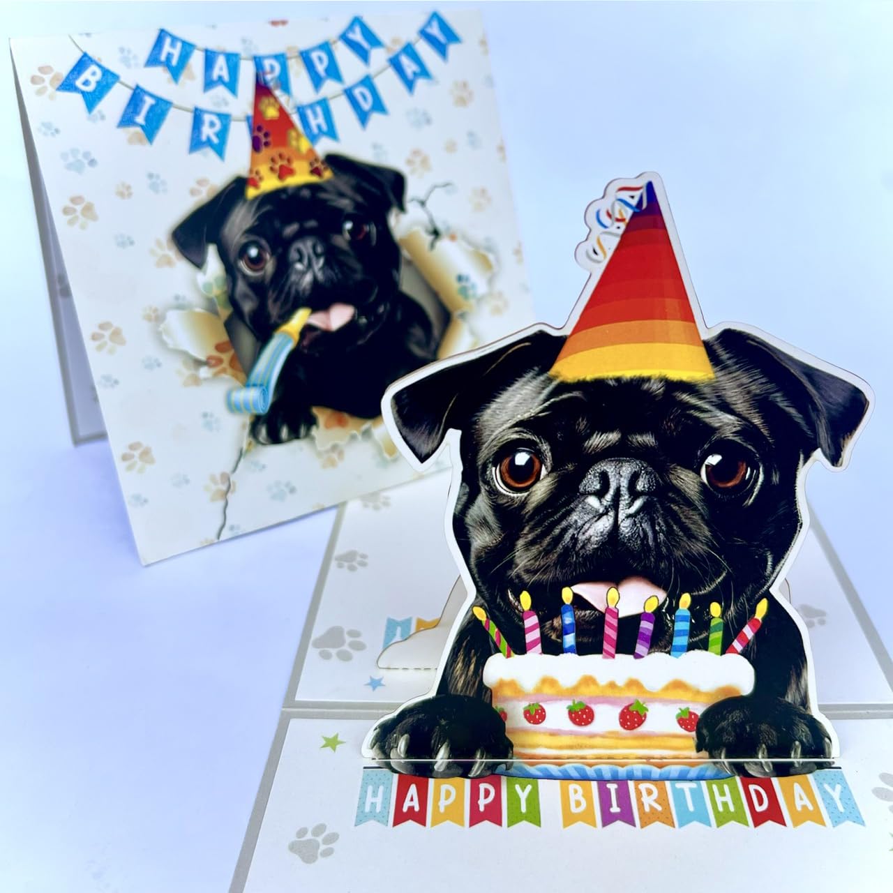 Momapopup Black Pug Birthday Card 3D Pop Up โ Black Pug Dog with Party Hat & Birthday Cake, Funny Birthday Card for Pug Mom Dad Gift, 6x6 Inch, Includes Envelope โ image 1